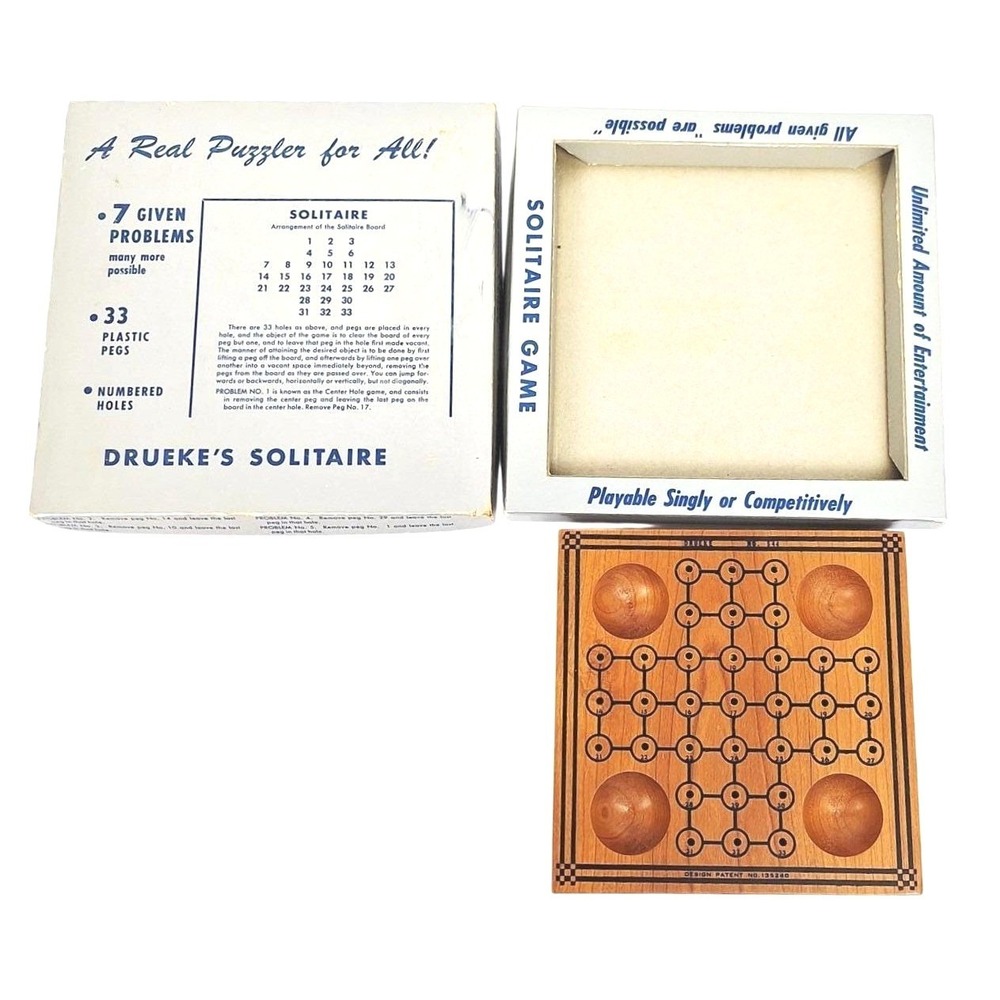 Vintage Drueke's Solitaire Board Game Wood Grain 33 Plastic Pegs No 111 Boxed